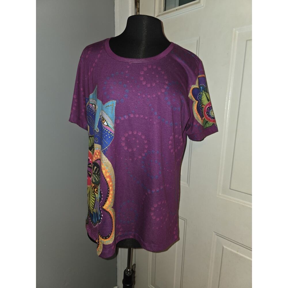 Laurel Burch Women Short Sleeve Graphic Cats Tee T-Shirt Purple XL Art To Wear